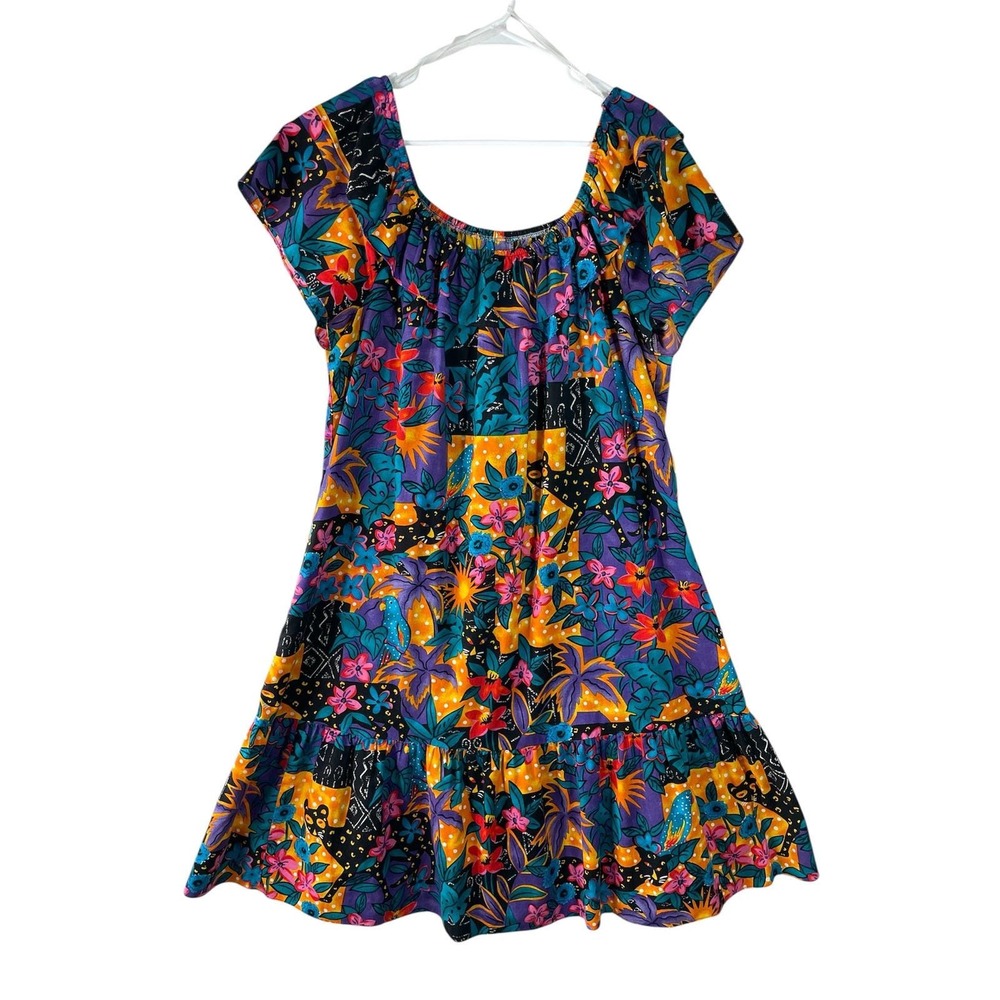 Hilo Hattie Hawaiian Muumuu Dress XL Tropical Panther Parrot Floral Cotton Mini